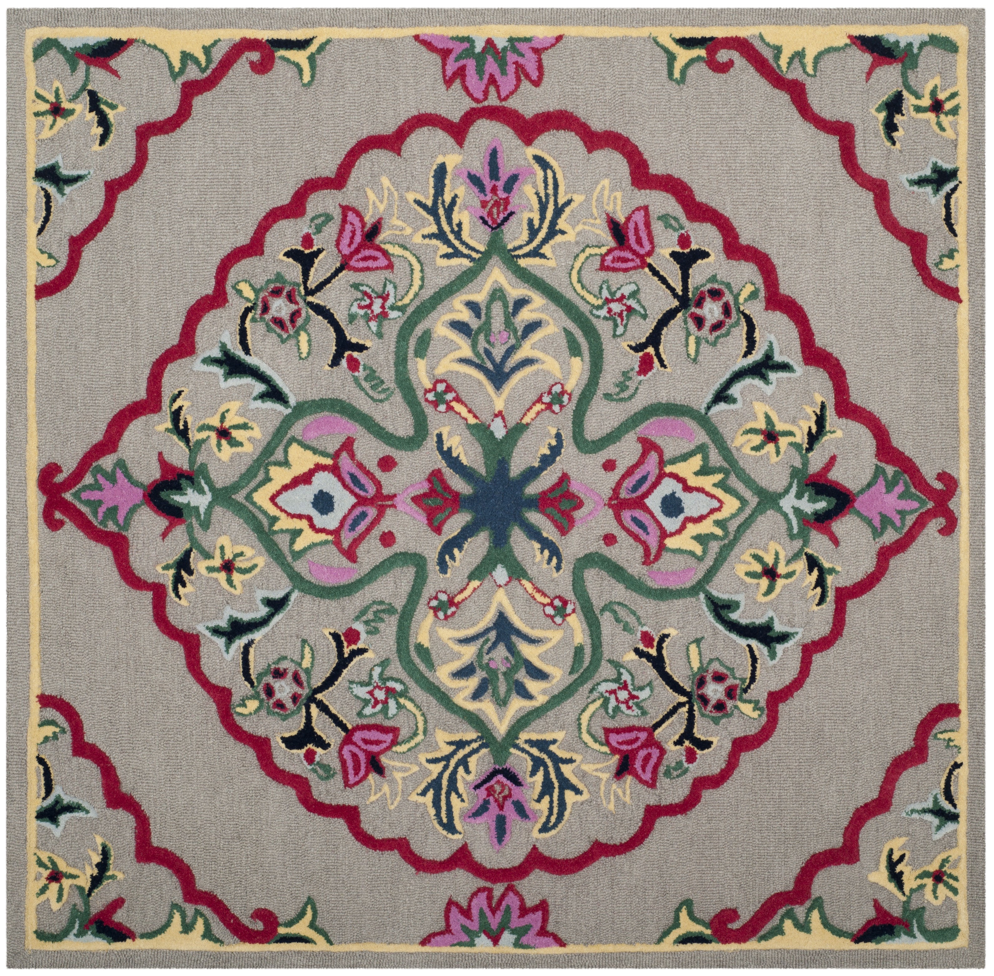 SAFAVIEH Bellagio Rio Floral Wool Area Rug, Dark Gray/Multi, 3' x 3' Square