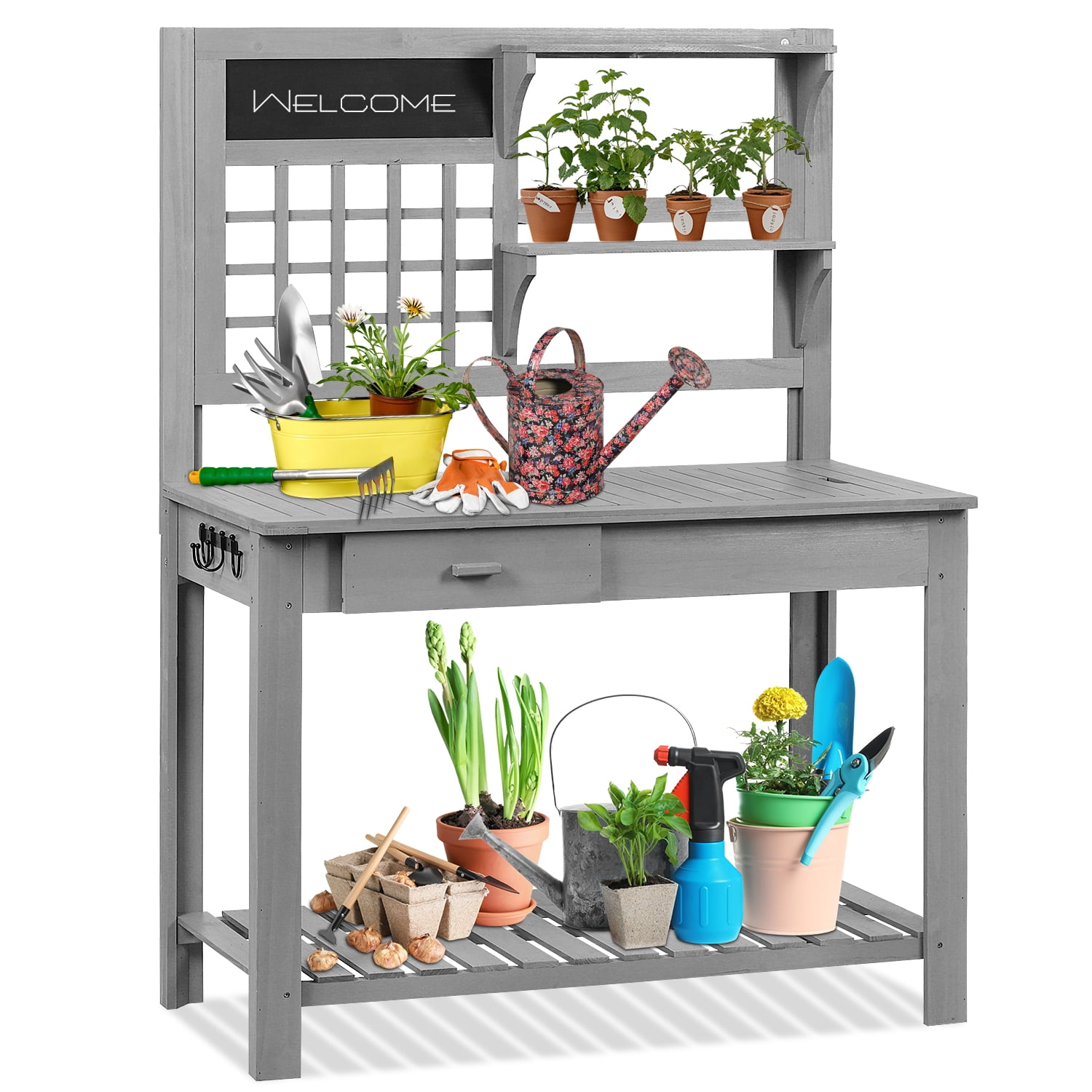 Grey Aoodor Outdoor Potting Bench & Tablet,Wood Workstation with Drawer Storage Space Open Shelf 