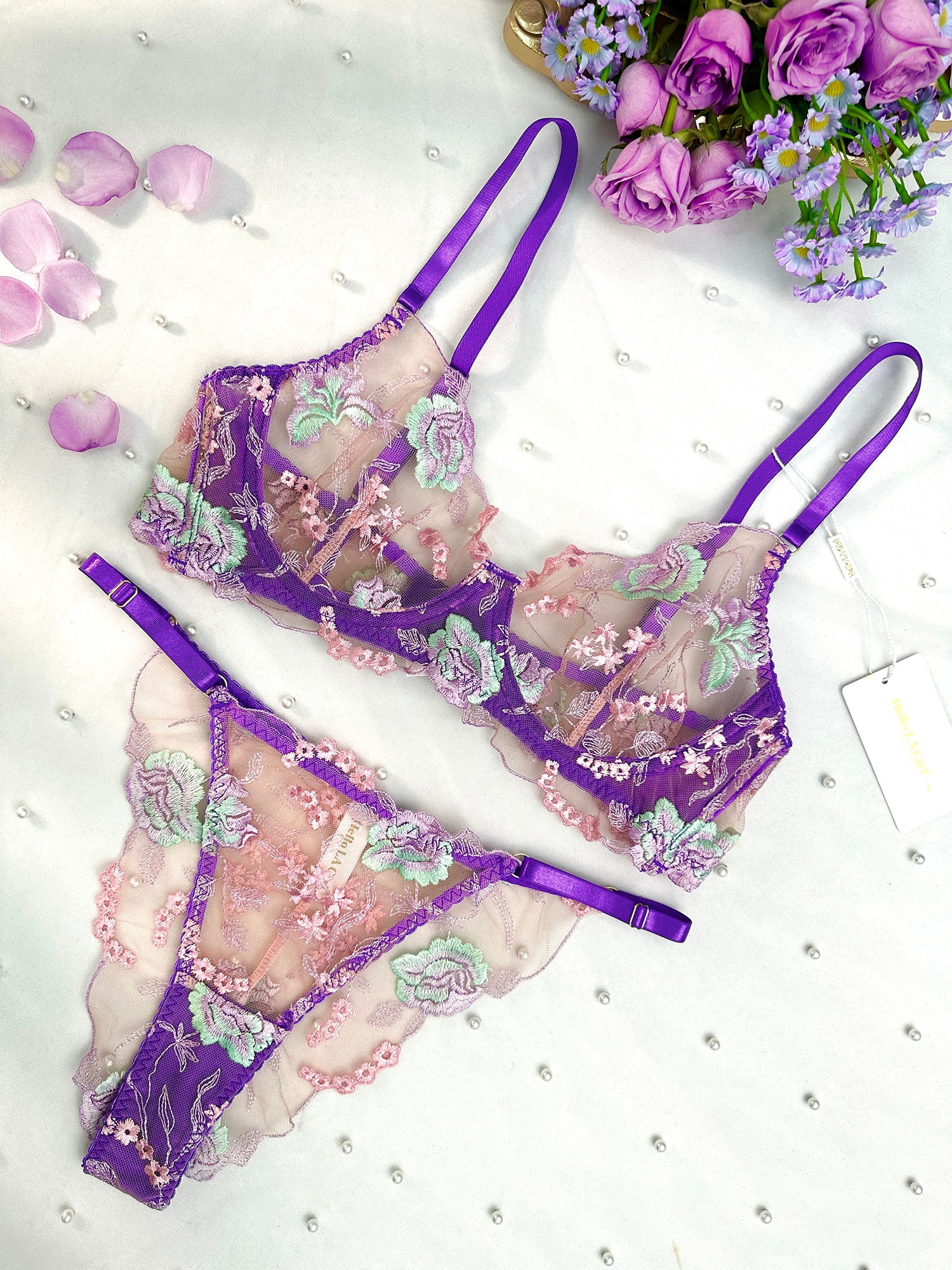Purple Petal Embroidered Lingerie Set (PURPLE, 3XL)