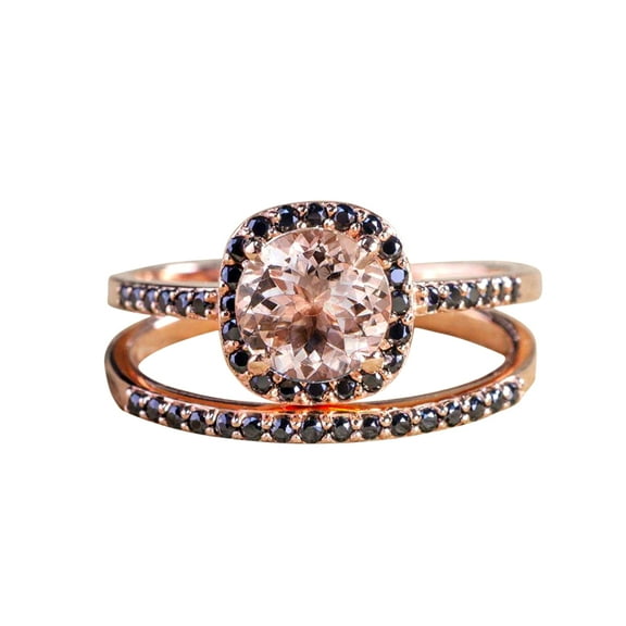 1.50 Carat Peach Pink Morganite and Black Diamond Engagement Bridal Wedding Ring Set 10k Rose Gold