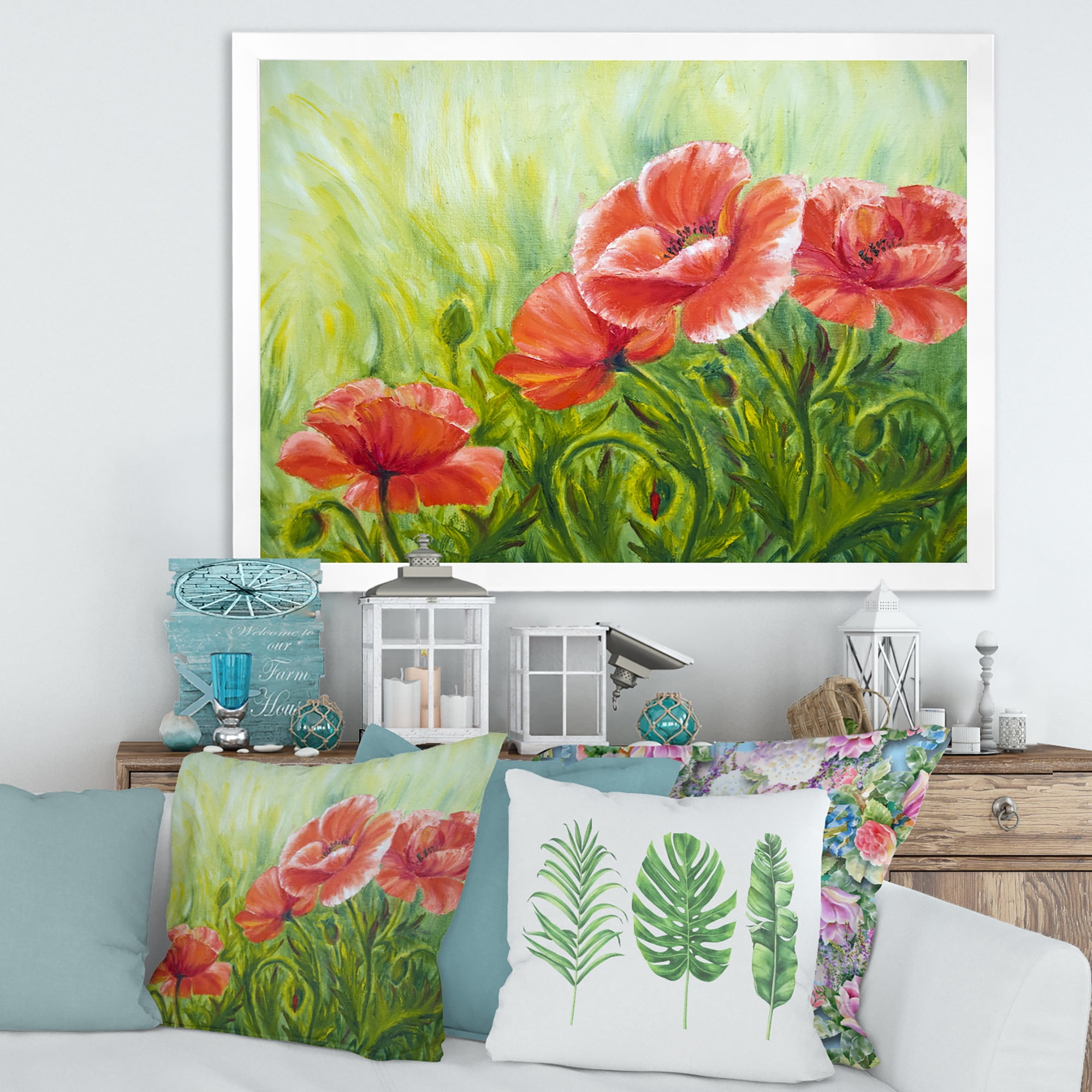 Designart 'Red Blossoming Poppies Over Wild Green III' Traditional Framed Art Print