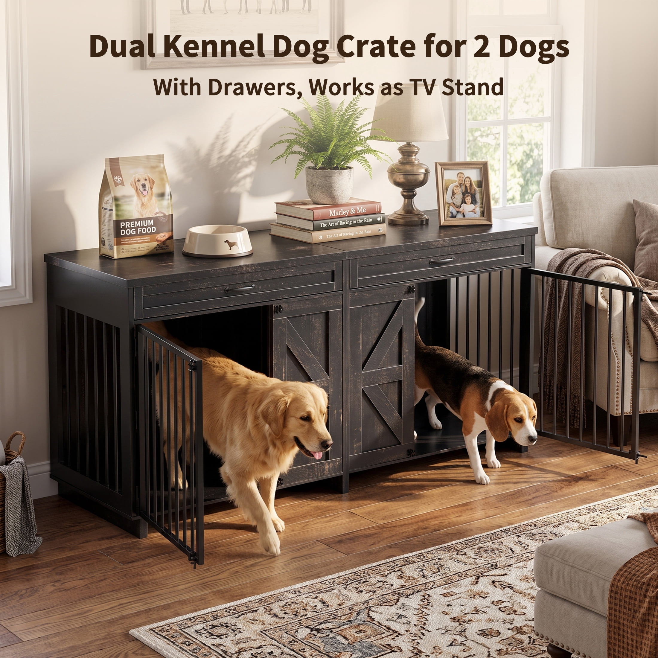 71" Wooden Dog Crate Furniture with Storage Top, Large Dog Cage for Home