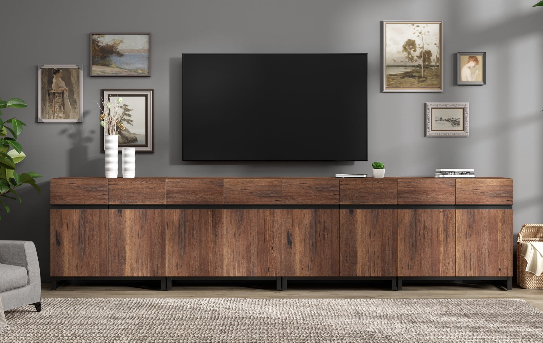 WAMPAT 126" TV Stand with Doors,Modern TV Stand for TVs up to 120 Inch,4 Packs Wood Entertainment Center with Adjustable Shelves & Metal Base.
