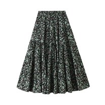 SWSMCLT Women's Pleated Skirt Cute LongA Line Calf Length Elastic Waist Peasant Ruffle Casual Fashion Spandex Green Small-Large