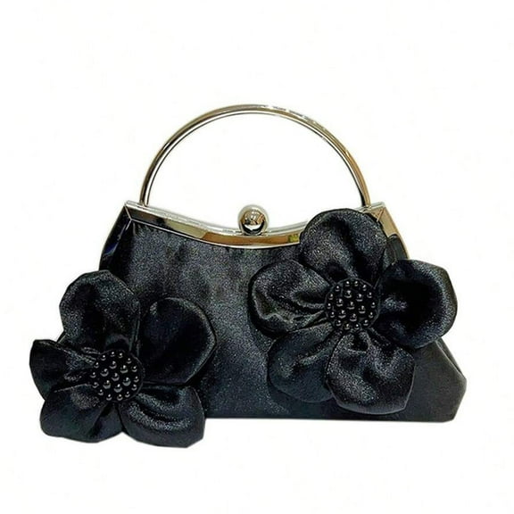 Bead Embellished Flower Clutch Evening Bag for Women, Artificial Silk Luxury Handbags with Chain, Stylish Flower Purses for Party Prom(Black)