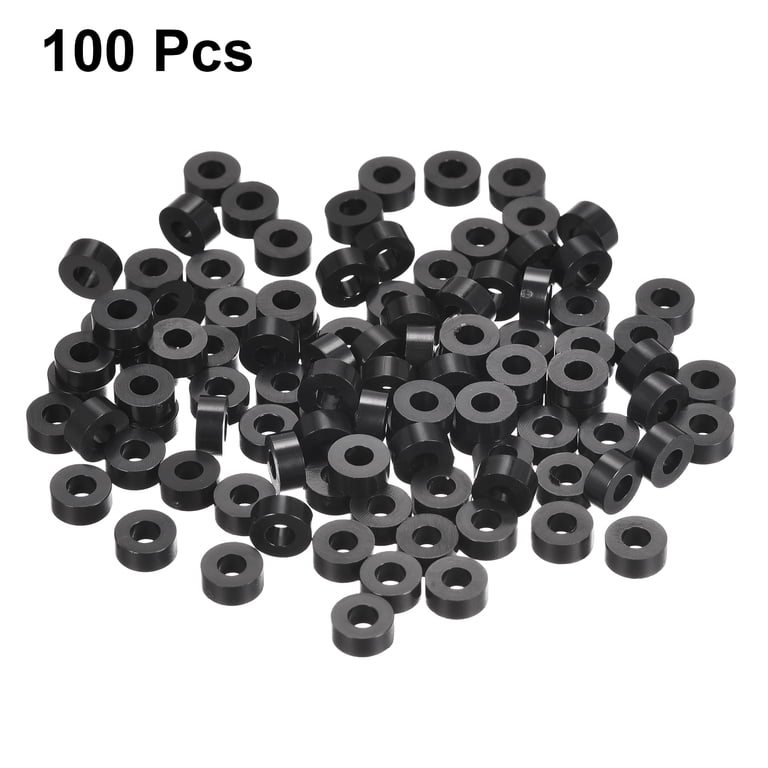 Uxcell 100-Pack Nylon Round Spacer Washers – 3.2mm ID X 7mm OD X 8mm Height For M3 Screws, Black, Non-Threaded