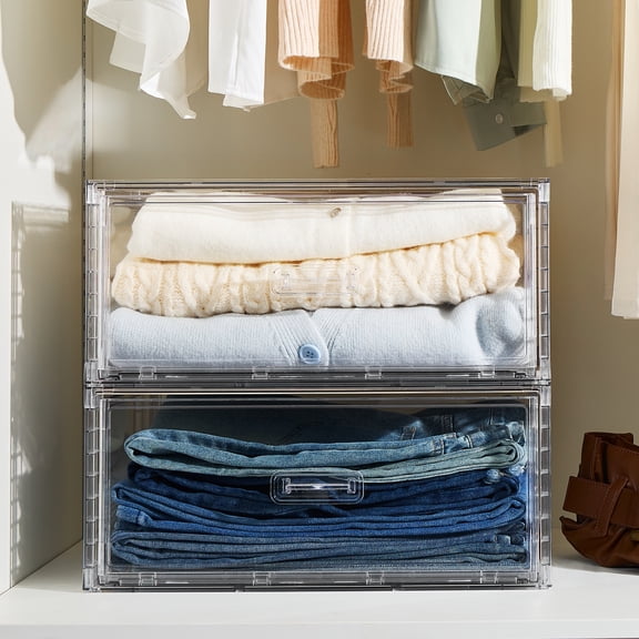 Sindcom 2 Pack 27QT Large Clear Stackable Storage Drawers, Easily Assemble Plastic Closet Storage Bins, Dust-Proof UnderBed Organizer for Clothing, Sweater Organization