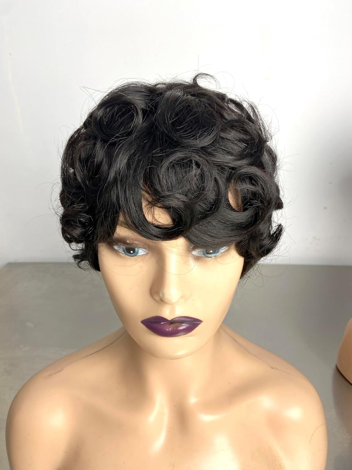 Bob Wig Human Hair Short Pixie Cut Wigs for Black Women - None Lace Front Glueless Pre-Plucked Short Curly Wigs with Bangs, Daily Use Black 1B Color