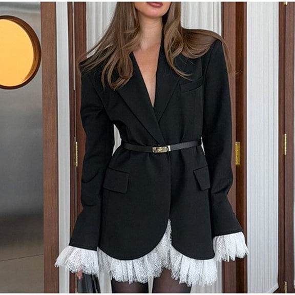 Cutuoiiu Women's V-Neck Blazer with Notch Lapel and Self-Tie Belt Single Button Closure Waist-Defining Blazer Jacket Gifts