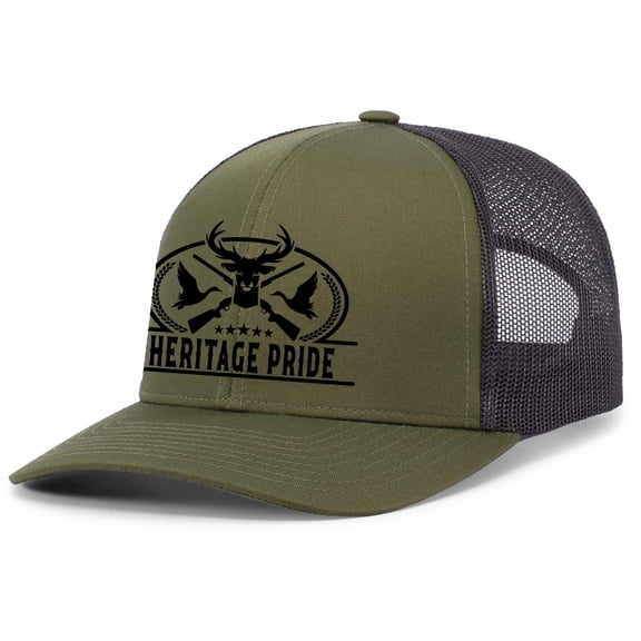 Heritage Pride Pheasant Duck and Deer Hunting Deer Head Mens Embroidered Mesh Back Trucker Hat, Loden/Black