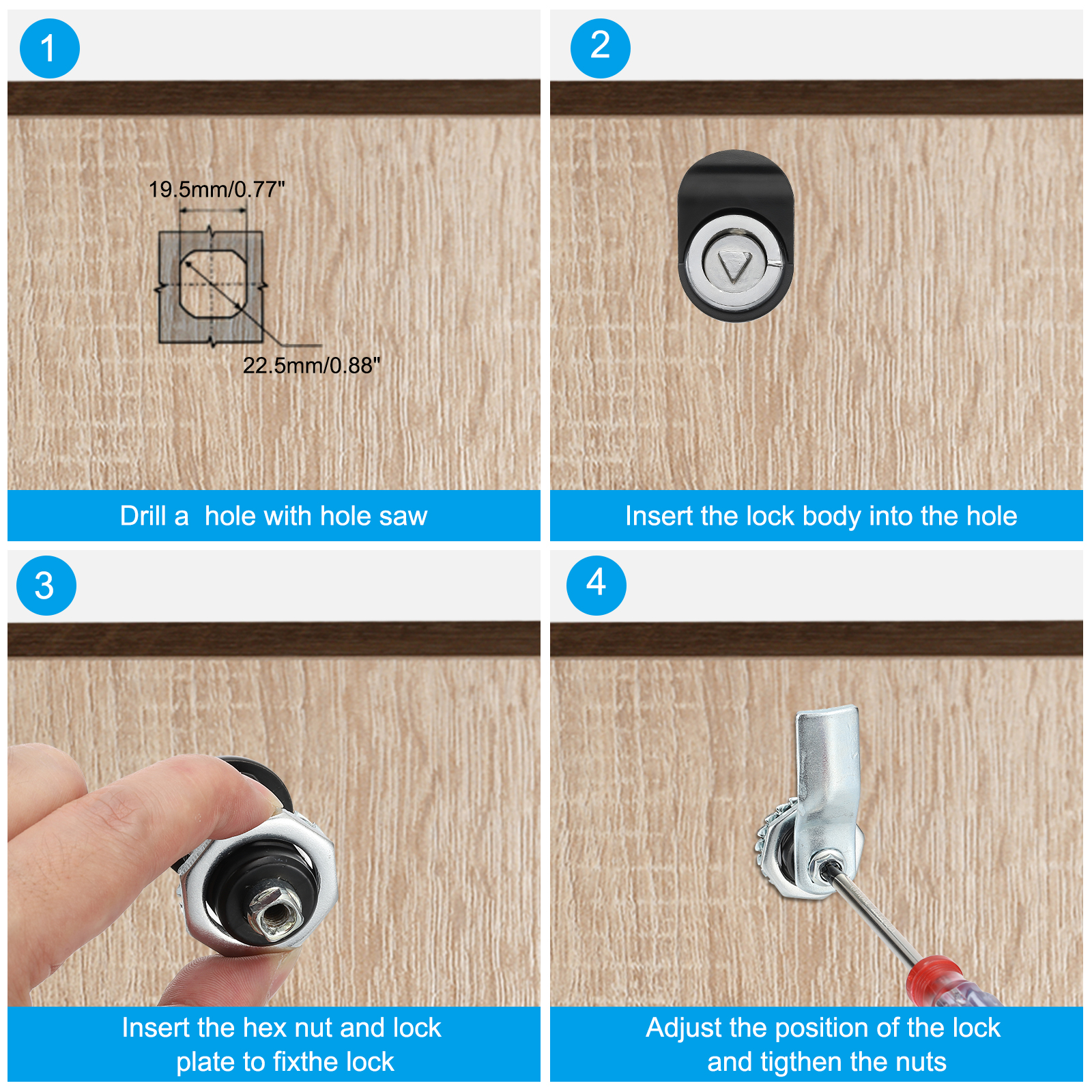 Uxcell 4pcs Triangle Cam Lock Chrome Plated Cabinet Lock 1-1/4" Cylinder Length with Small Keys