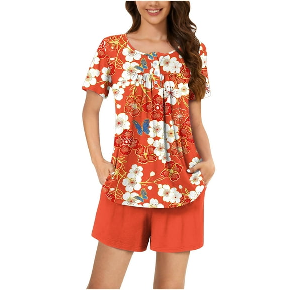 Levmjia Womens Pajama Set Short Sleeve Shorts 2 Piece Cotton Sleepwear Loungewear Soft Comfortable Printed Nightwear Set for Women Summer Casual Home Wear
