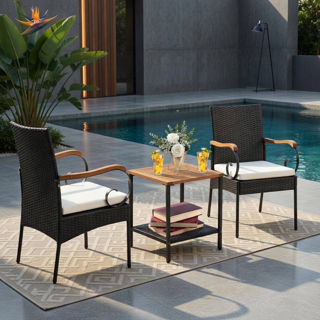 Hommoo 2-Piece Outdoor PE Wicker Dining Chairs with Acacia Wood Armrests, Weather-Resistant Patio Seating Set, Off-White Cushions, Sturdy X-Frame Design, Brown