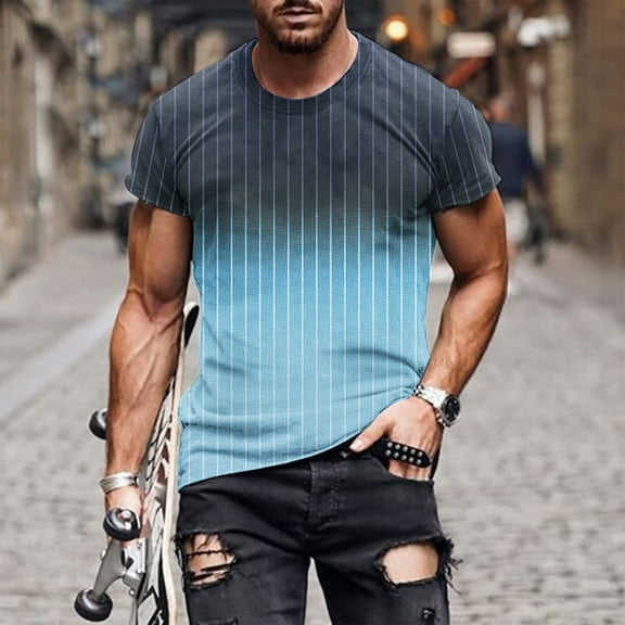 EchfiProm Mens Casual Shirts Crew Neck Short Sleeve Gradient Color Blue T-Shirts XL