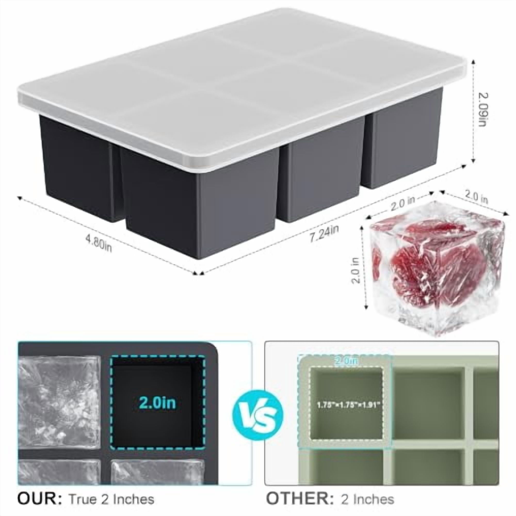 Large Silicone Ice Cube Tray for Whiskey: 2-Inch Big Square Ice Trays with Lid for Whisky - 3-Pack Old Fashioned Ice Cube Molds for Cocktail, Bourbon, and Drinks