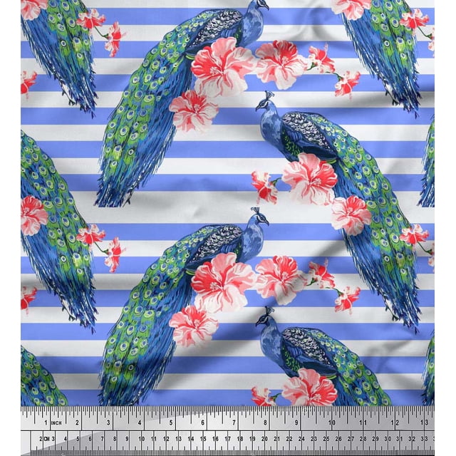 Soimoi Poly Georgette Fabric Stripe,Floral & Peacock Bird Decor Fabric Printed Yard 52 Inch Wide