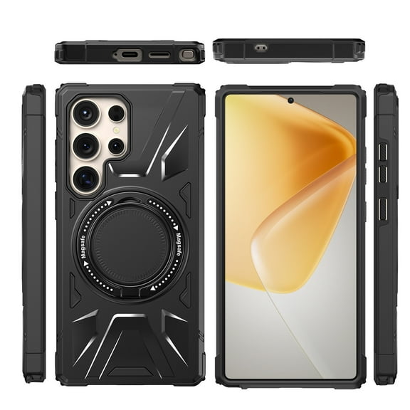 Elegant Choise Case with Screen and Lens Protector for Samsung Galaxy S25 Ultra Magsafe Magnetic Case Shockproof Stand Cover, Black