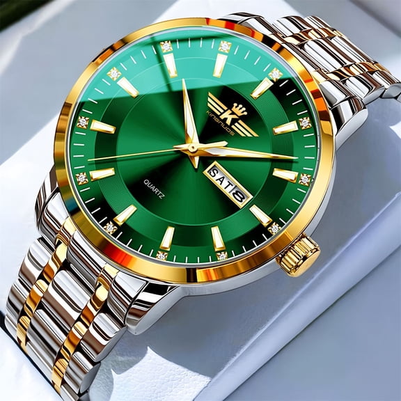 Resicozy Watches for Men Fashion Quartz Wristwatch with Round Dial Casual Business Watch Stainless Gift 2026 Silver with Green Face
