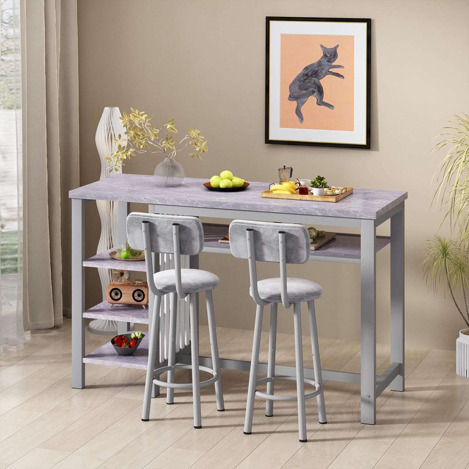 Cvortll Bar Table and Chairs Set, Kitchen Counter with 3 Tier Storage Shelves,3-Piece Faux Marble Table with 2 PU Cushion Bar Stools for Home & Kitchen,Grey