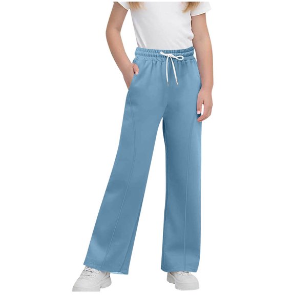 Lvshlubb Girls Pants Size 10-12 Straight Casual Loose Sweatpants Fleece Lined Sports Joggers with Drawstring Kids Clothes Girls