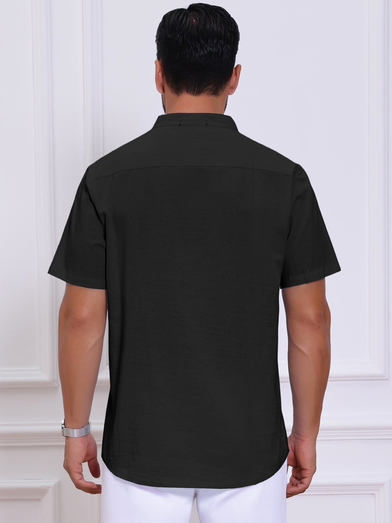 DARING DIVA Men's Casual Henley Band Collar Short Sleeve Summer Linen Shirts XL Black