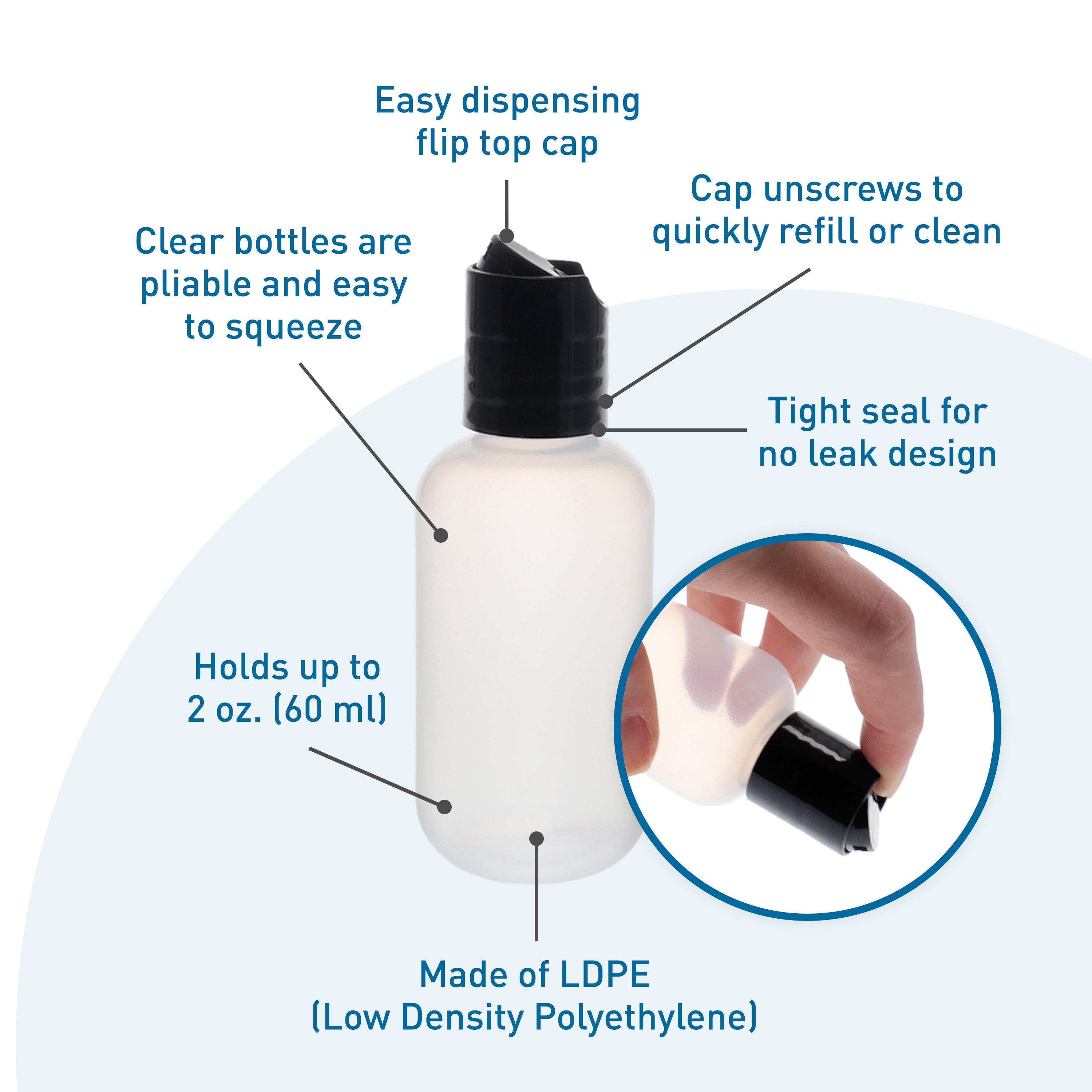 BodyMed 50 Pcs 2 oz. Clear Plastic Dispenser Bottles with Caps - LDPE Pliable Material & Leak Proof - Refillable, Mini Squeeze Bottles for Shampoo, Lotion, Essential Oils