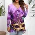 thumbnail image 4 of Resicozy Womens Mardi Gras Shirt Funny Mask Printed Pullover Fashion Party V-Neck Long Sleeve Shirts Top Purple#2 XL, 4 of 5