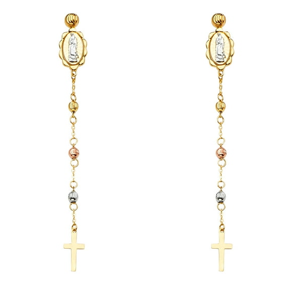 14k Tri-Color Gold Hanging Flat Cross Religious Dangling Long Chain Earrings Jewelry Female Unisex