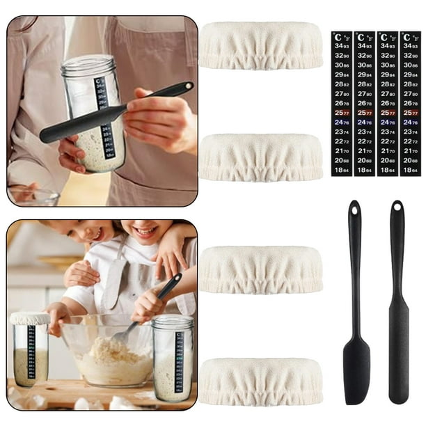 Juego Masa Madre + Termómetro + Espátula Silicona para Frascos 3 A 4 Pulgadas Diámetro (4 Tazas 4 Termómetros 2 Espátulas)