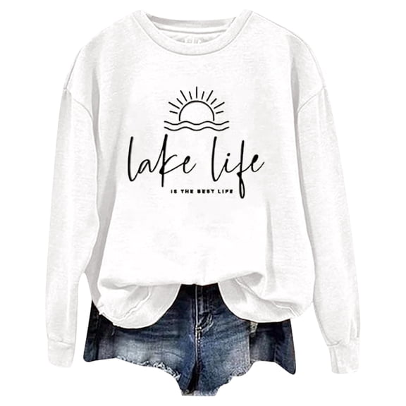 Telankuip Trendy Lake Life Sweatshirts for Women Round Neck Long Sleeve Comfortable Pullovers 2025 Fashion Funny Letter Printed Sun Graphic Workout Tops White XL
