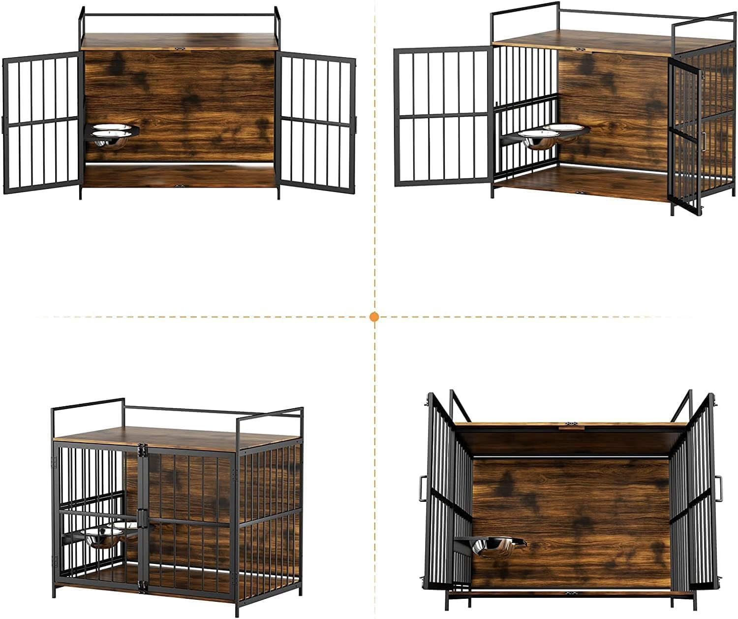Wooden Dog Crate Furniture for Large Dogs, 41" Super Sturdy Indoor Dog Kennel with Adjustable Feeder & Extra Storage, Heavy Steel Tube Structure for Large Dogs