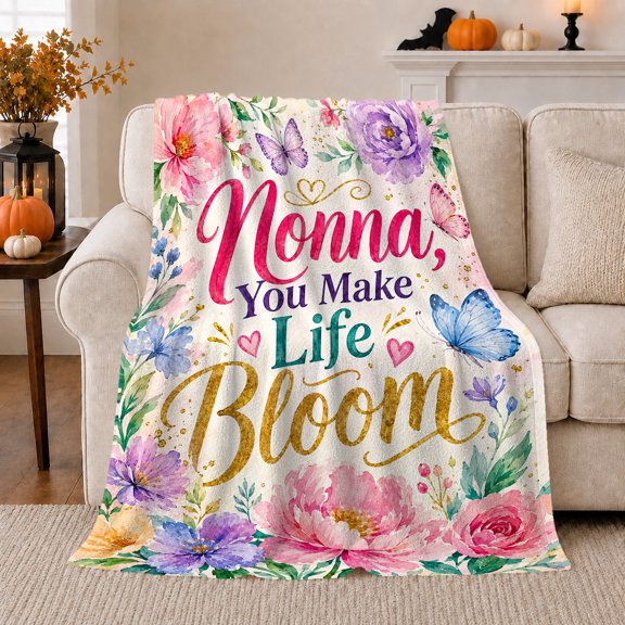Nonna You Make Life Bloom Quote Vibrant Watercolor, Cozy Typography Art Scene, Warm Flannel Blanket for Living Room and Reading Nook, Art Lovers Housewarming Gift, Artistic Home Decor