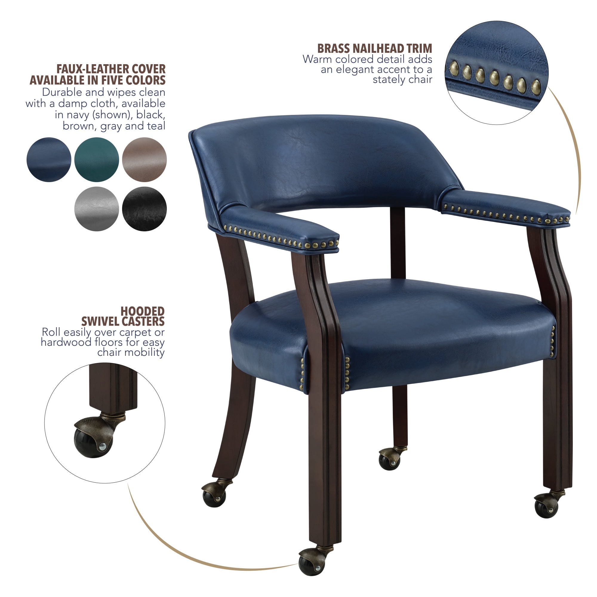 Steve Silver Tournament Faux Leather Dining Chairs with Arms, Navy