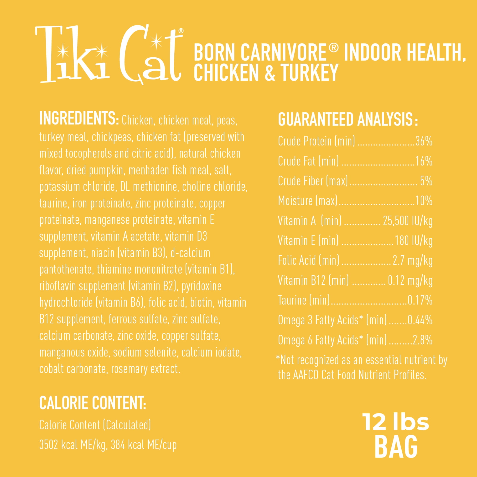 (3 pack) Tiki Cat Born Carnivore Indoor Health Dry Cat Food, Chicken & Turkey Meal, 12 lbs. Bag