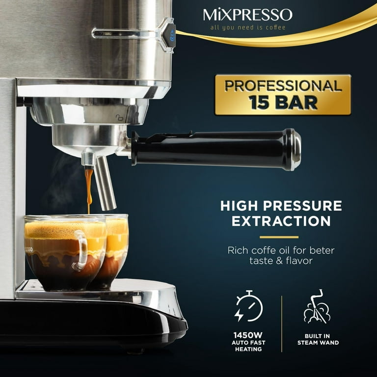 Mixpresso STGCM15-SS/BK Espresso Maker With Milk Frother, 15 Bar