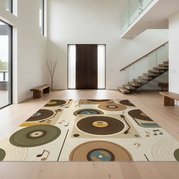 Design&I 8'x10' Washable Area Rug Snag-Free Record Vintage Vinyl Turntable Spinning Disc Cream Tone Music for Dining Room, Large Office, Lounge