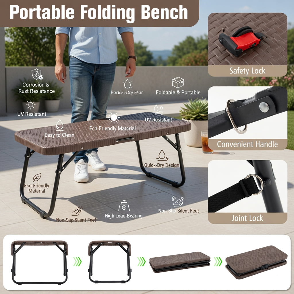 Hommoo 6 Foot Heavy-Duty Folding Bench, Compact Foldable Outdoor Seating with Carry Handle, HDPE Seat & Reinforced Steel Frame, Coffee