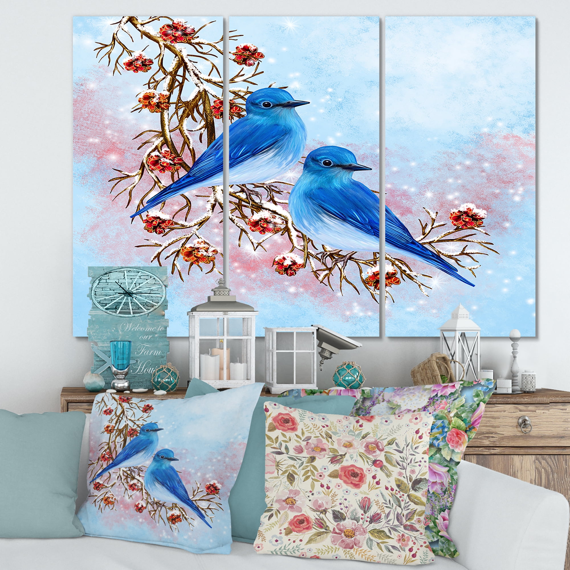 Designart ' Two Blue Birds Sitting On A Branch With Berries In Winter ' Traditional Canvas Wall Art Print