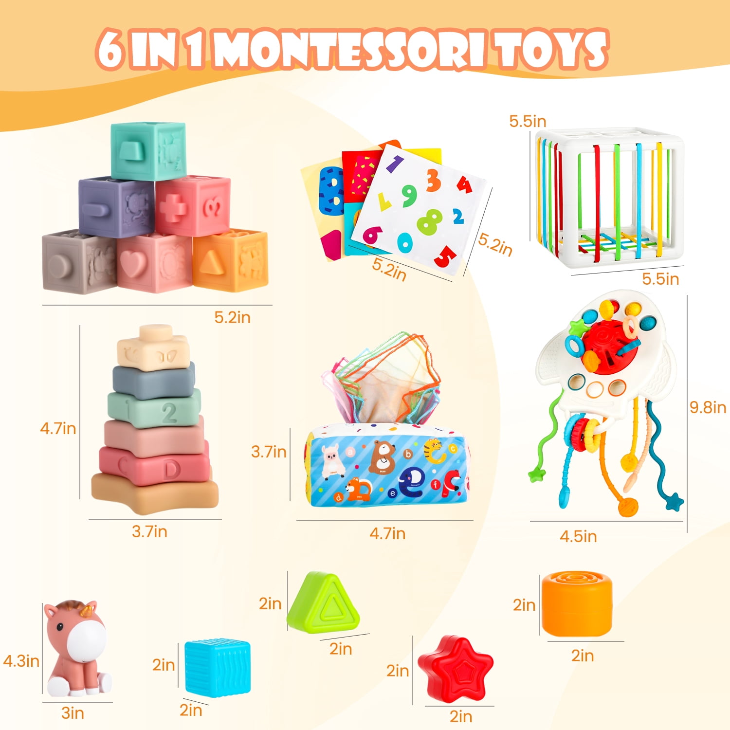 UQN Montessori Toys for 1 2 Year Old, 6 in 1 Baby Toys for 6-12-18 Months, Infant Sensory Toy Set , Shape Sorter and Activity Toys, Learning Gifts for Baby Boys Girls,Christmas Birthday Gift