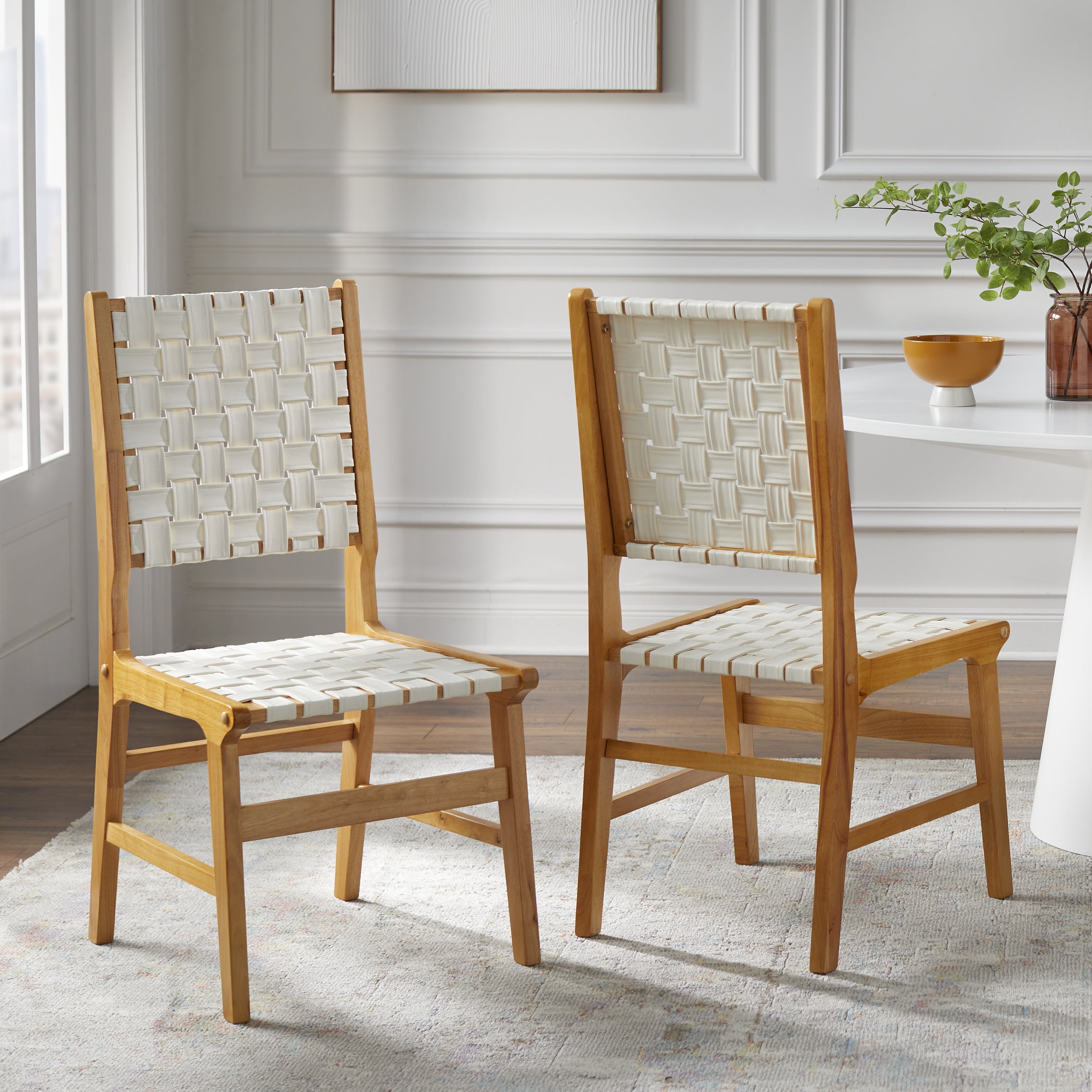 TMS Odin Mid-Century Woven Seat and Back Dining Room Chair with Solid Wood Frame, Set of 2, Light Brown/White