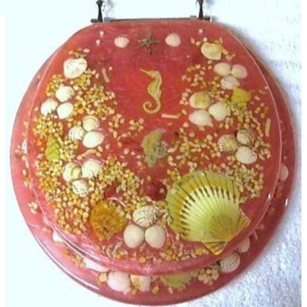 JEWEL SHELL SEASHELL AND SEAHORSE RESIN TOILET SEAT CHROME HINGES STANDARD SIZE 
