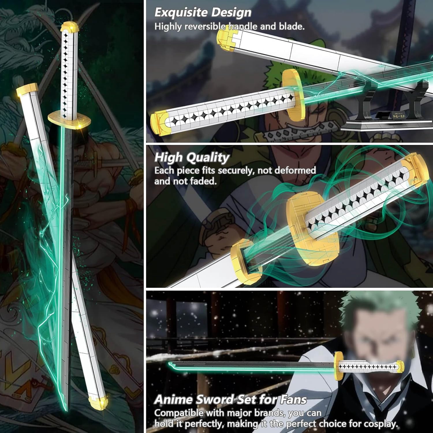 Anime Cosplay Swords Building Set, 806 Piece One White Ichimonji Yamato Sword, 39IN Roronoa Zoro Katana with Scabbard and Bracket for Adults and Kid 8+ (Luminous)