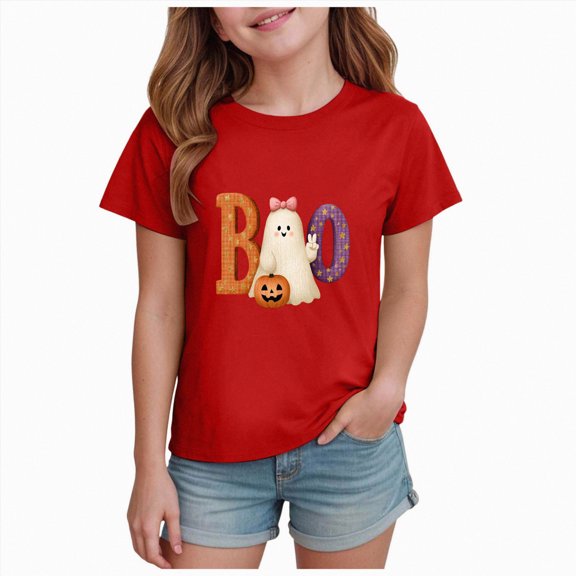 Xyant Girls Halloween Shirts Pumpkin Ghost Spooky Halloween T-Shirt Short Sleeve Toddler Kids Fun Tops,Size 11-12 Years