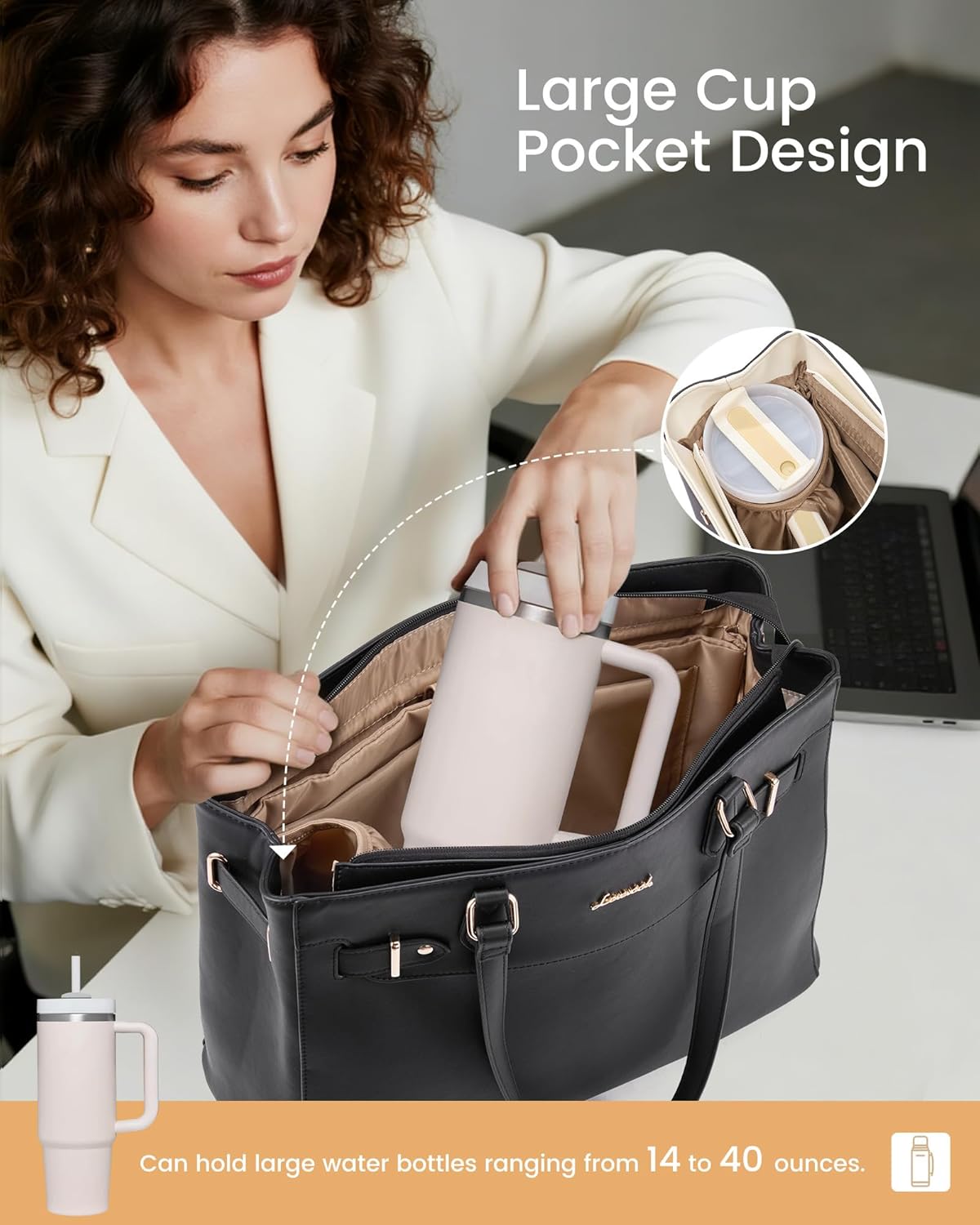 LOVEVOOK Laptop Tote Bag for Women Work, Teacher Tote Bag with Large Cup Holder, 15.6 Inch Waterproof Leather Computer Bag