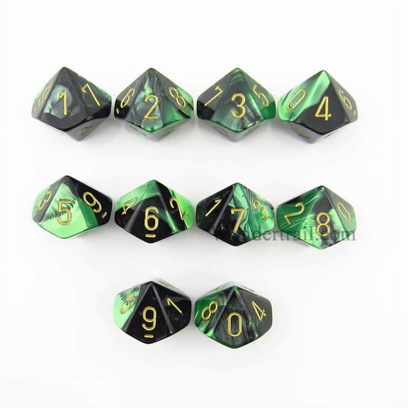 Black and Green Gemini Dice with Gold Numbers D10 16mm (5/8in) Pack of 10 Dice Chessex