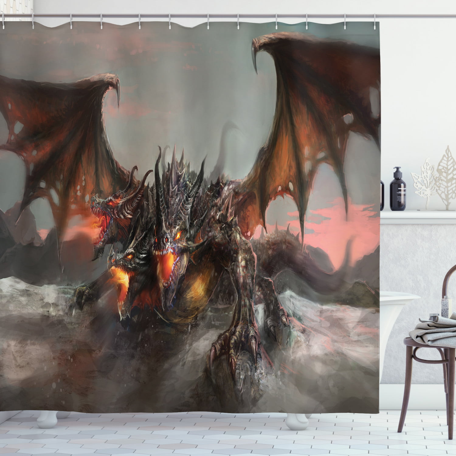 Fantasy Shower Curtain Devil Wings Flame Print for Bathroom 