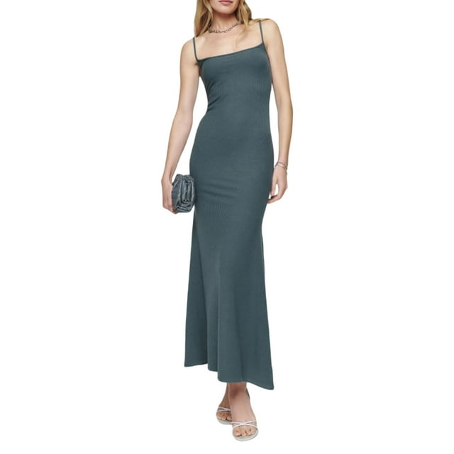 FOCUSNORM Femmes Bretelles Spaghetti Robe Sans Manches Été en Tricot Couleur Unie Longue Robe de Soirée pour la Plage Cocktail Boîte de Nuit