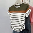 thumbnail image 1 of Uootdi Womens Color Block Striped Tops Round Neck Short Sleeve Ruched Side Design Everyday Chic Style Lightweight Comfortable Tees Gift, 1 of 5