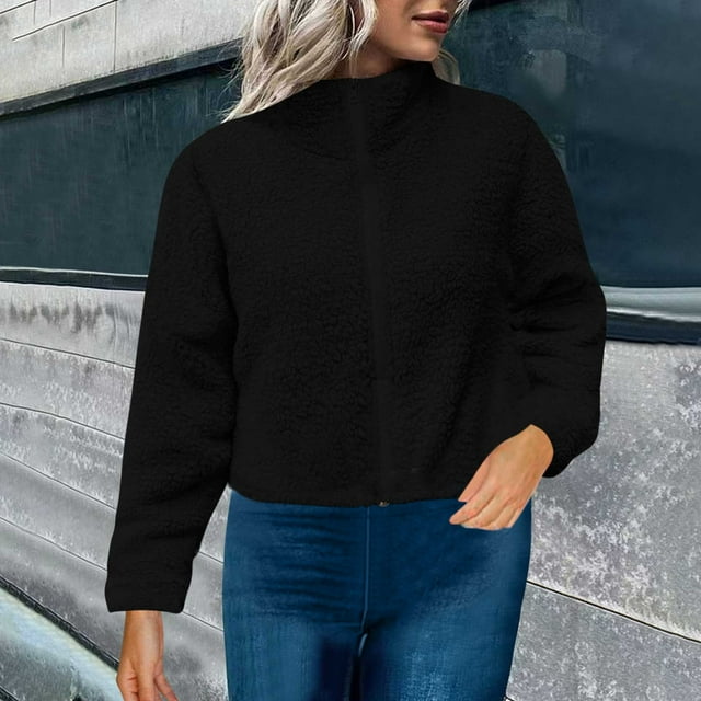 LOVZFMLL Jackets for Women's Solid Color Long Fleece Fleece Jacket Long Sleeved Cardigan Stand Up Collar Warm Jacket With Inner And Outer Pockets