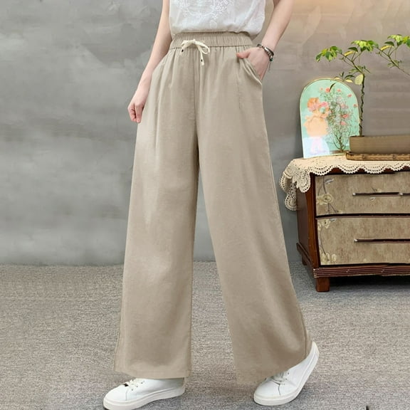 Dasayo Wide-Leg Pants for Women Beige Palazzo Cotton Linen Trousers Drawstring Pull On Slacks Women Leggings XXL